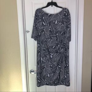 Karin Stevens Black and White Pattern Side Tie Gathered Jersey Dress Size 2X